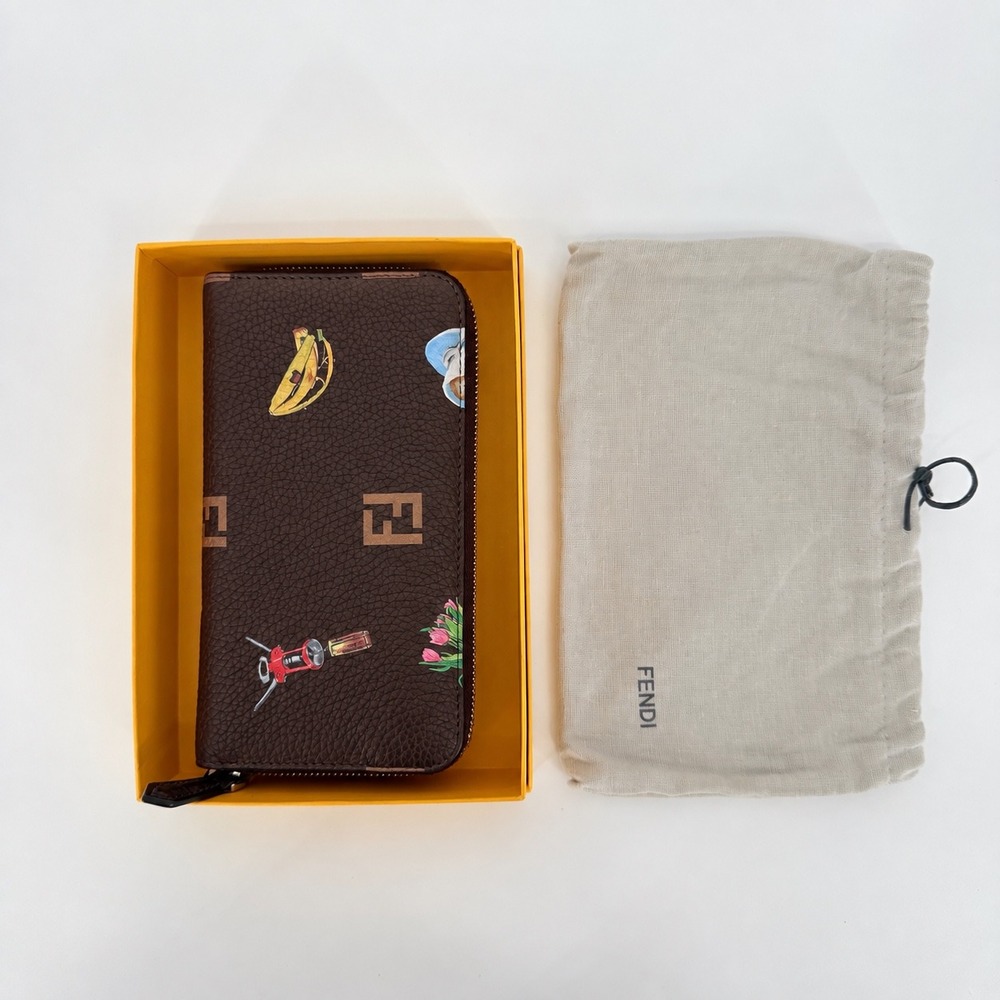 Fendi Zip Around Wallet Unisex Brown Graphic Pop Art Luxury Leather FF Logo